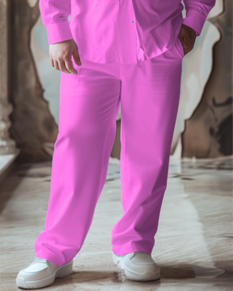Men's Plus Size Versatile Pure Pink Long Sleeve Lapel Shirt 2 Piece Set