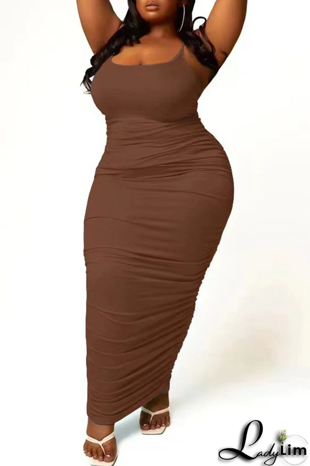 Dark Brown Sexy Solid Patchwork Spaghetti Strap One Step Skirt Plus Size Dresses
