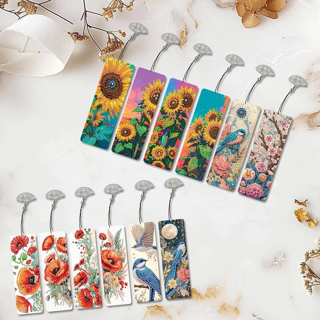 12Pcs Flowers and Birds DIY Diamond Painting Bookmarks for Reading Enthusiasts