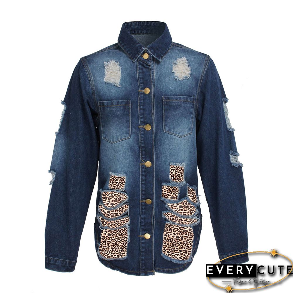 Navy Blue Spliced Leopard Patches Denim Jacket