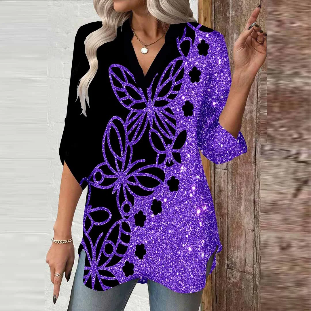 Women Butterfly, Purple, Black, Shiny DZGA0663 3/4 Sleeve V-neck Printed Graphic Button Tops