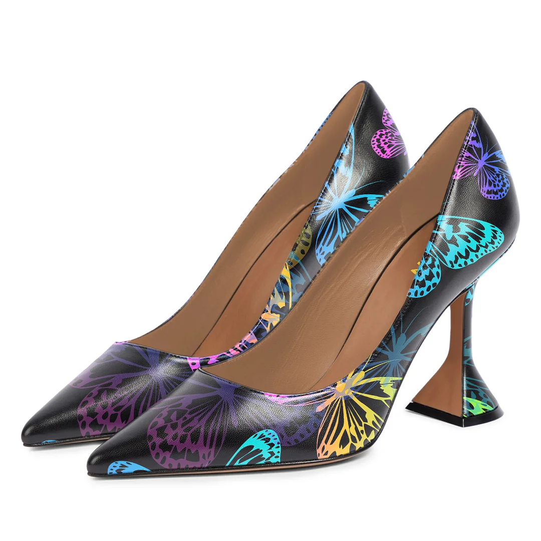 Colorful Butterfly Printed Vegan Leather Pointed Flared Heel Pumps