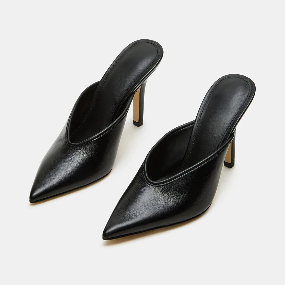 Classic Black Vegan Leather Pointed Toe Stiletto Heeled Mules
