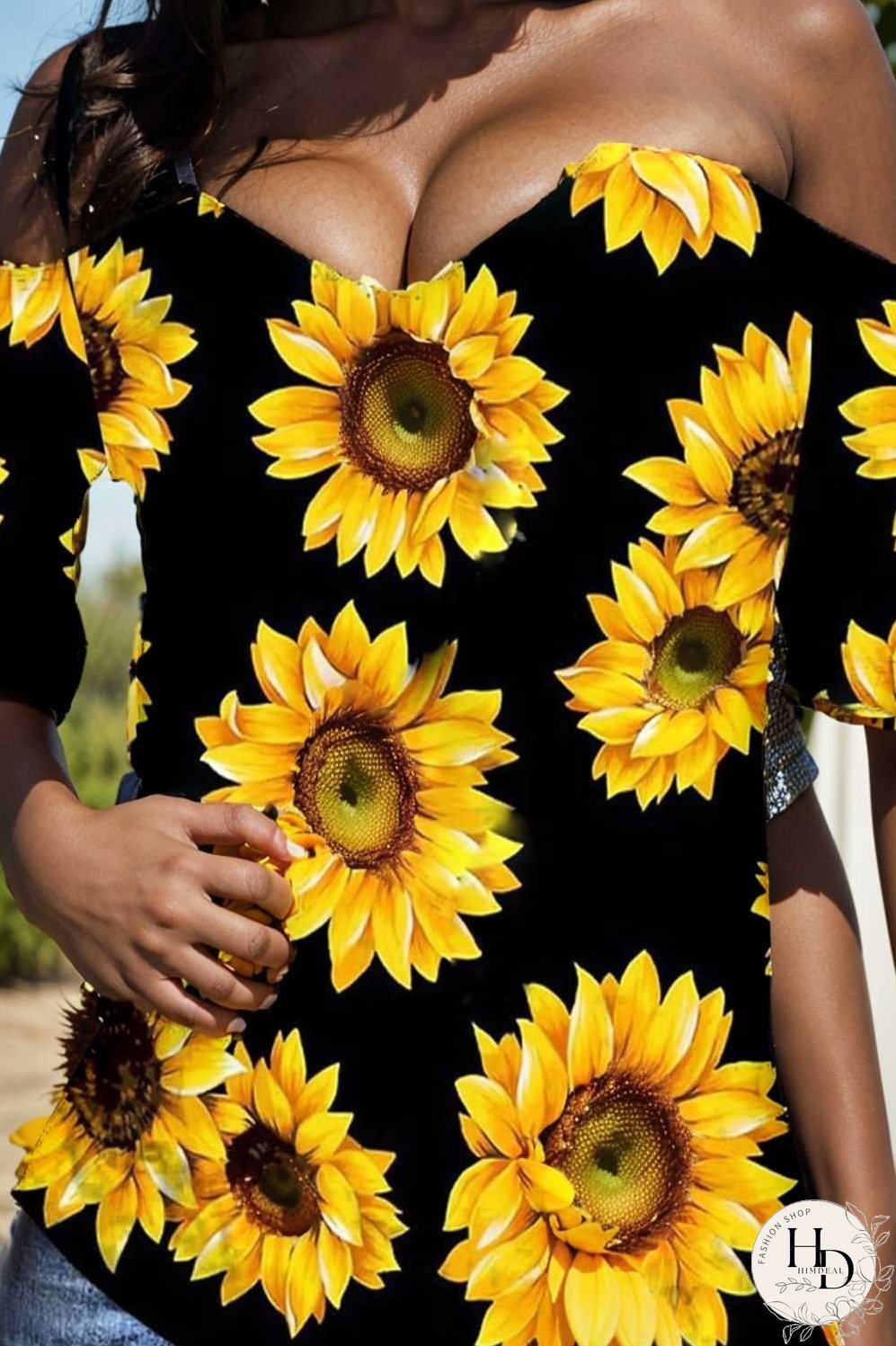 sunflower print off shoulder hollow wide shoulder strap t shirt