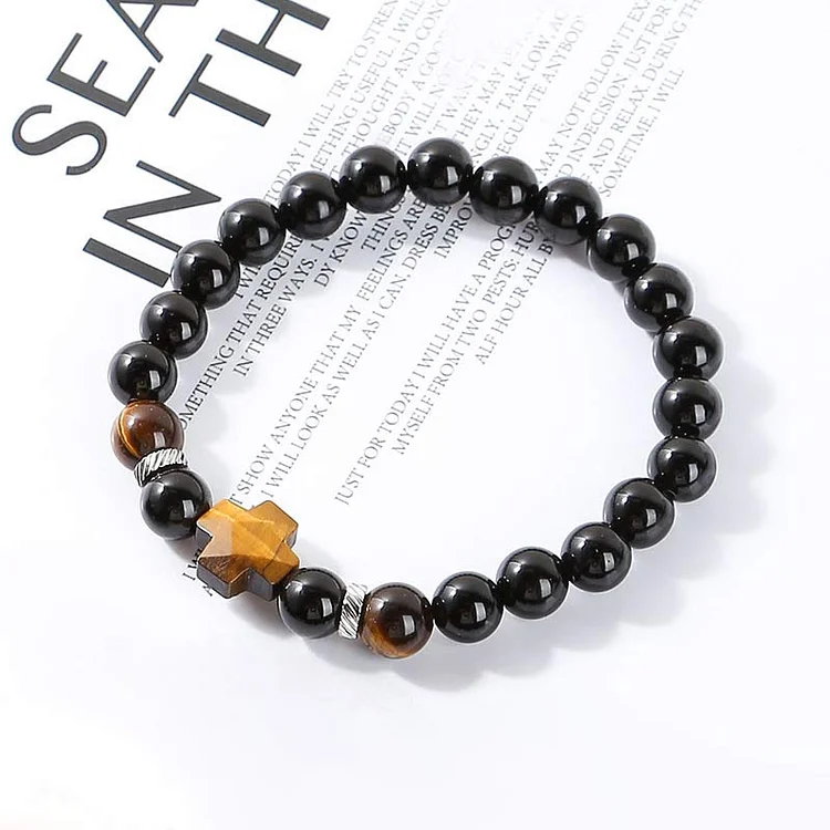 Tiger Eye With Obsidian Cross Bracelet-Tiger Eye