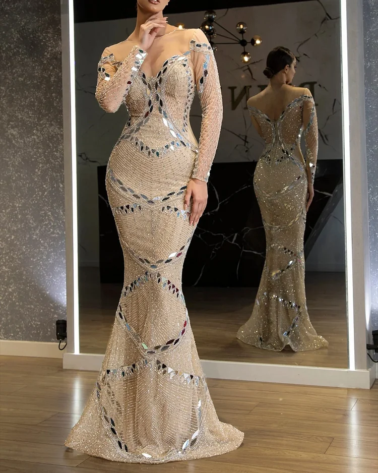 Women's Long Sleeve Mesh Sequin Dress