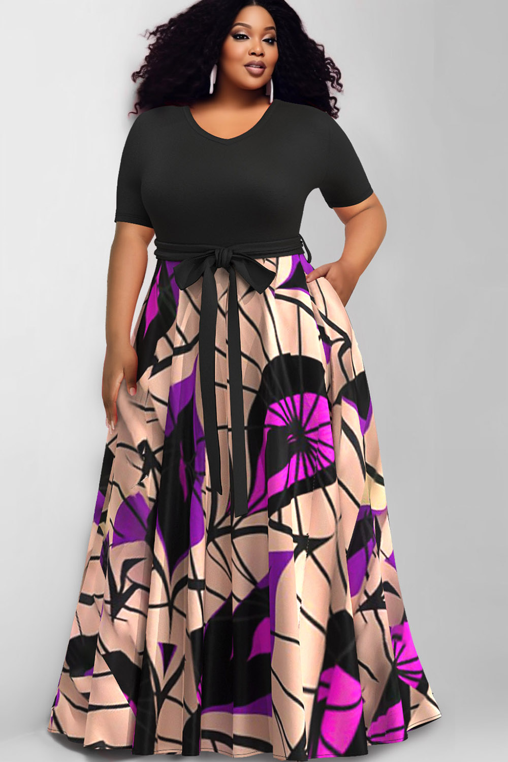 Design Plus Size Daily Magenta Round Neck Short Sleeve Pocket Maxi Dresses [Pre-Order]