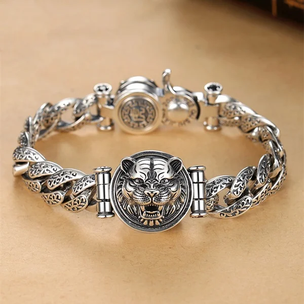 Sterling Silver Rotatable Tiger Head Curb Chain Bracelet