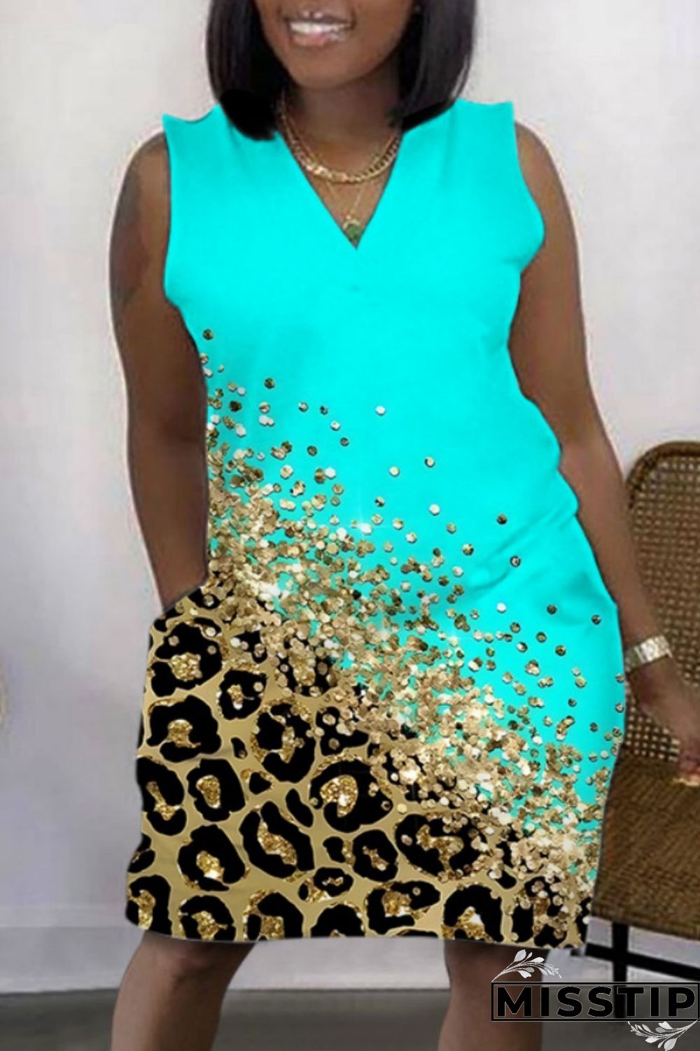 Cyan Casual Print Basic V Neck Sleeveless Dress Dresses