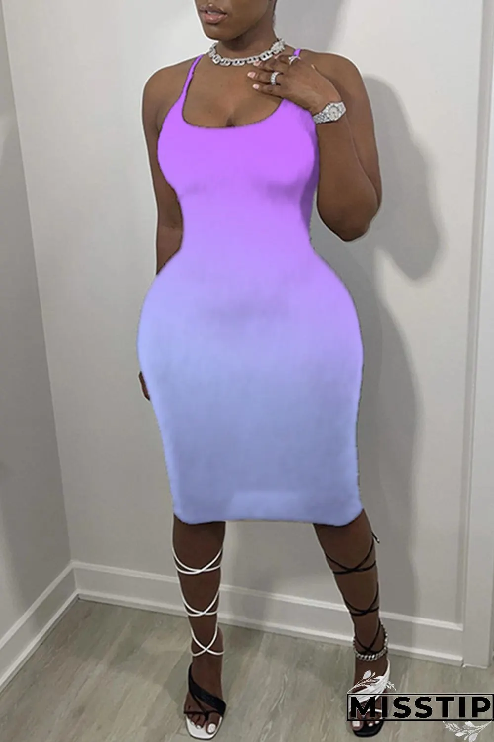 Pink Sexy Casual Gradual Change Print Backless Spaghetti Strap Sleeveless Dress