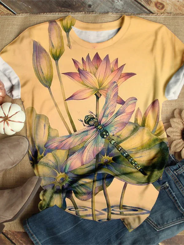 Women's Lotus Dragonfly Print Short Sleeve Top