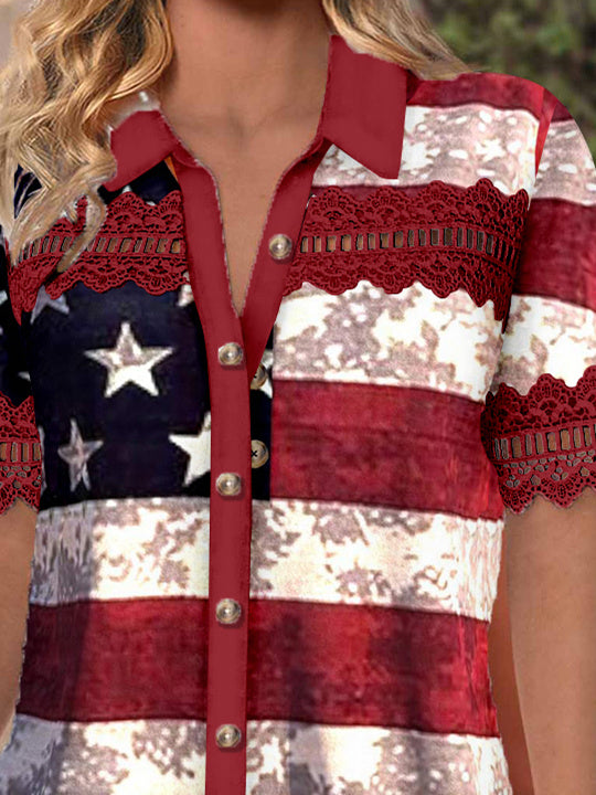 Women Short Sleeve V-neck Striped Printed Graphic Lace Hollow Stitching Button Tops