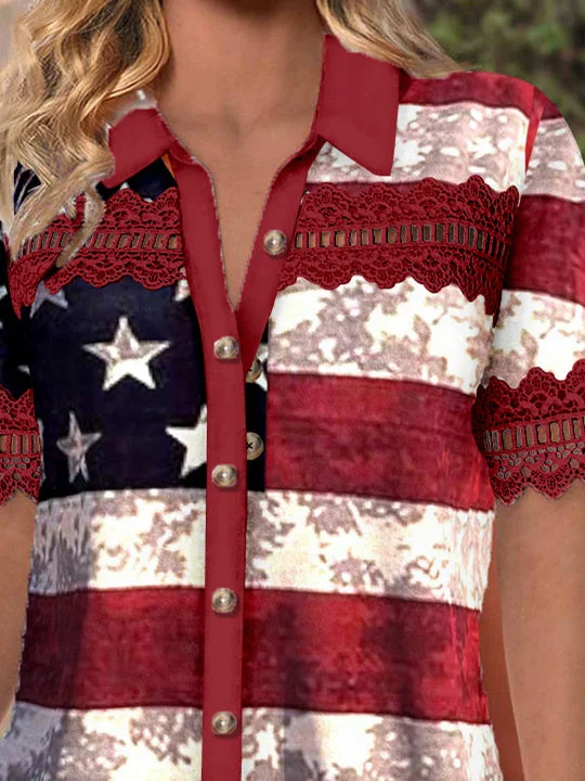 Women Short Sleeve V-neck Striped Printed Graphic Lace Hollow Stitching Button Tops