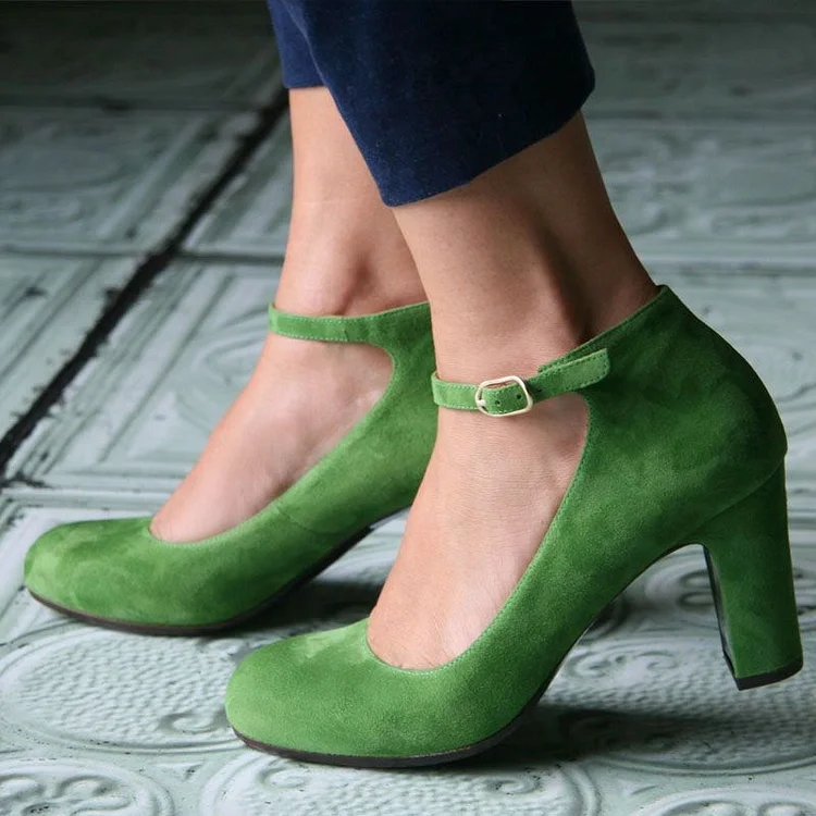 Green Vintage Chunky Heel Round Toe Ankle Strap Pumps Vdcoo