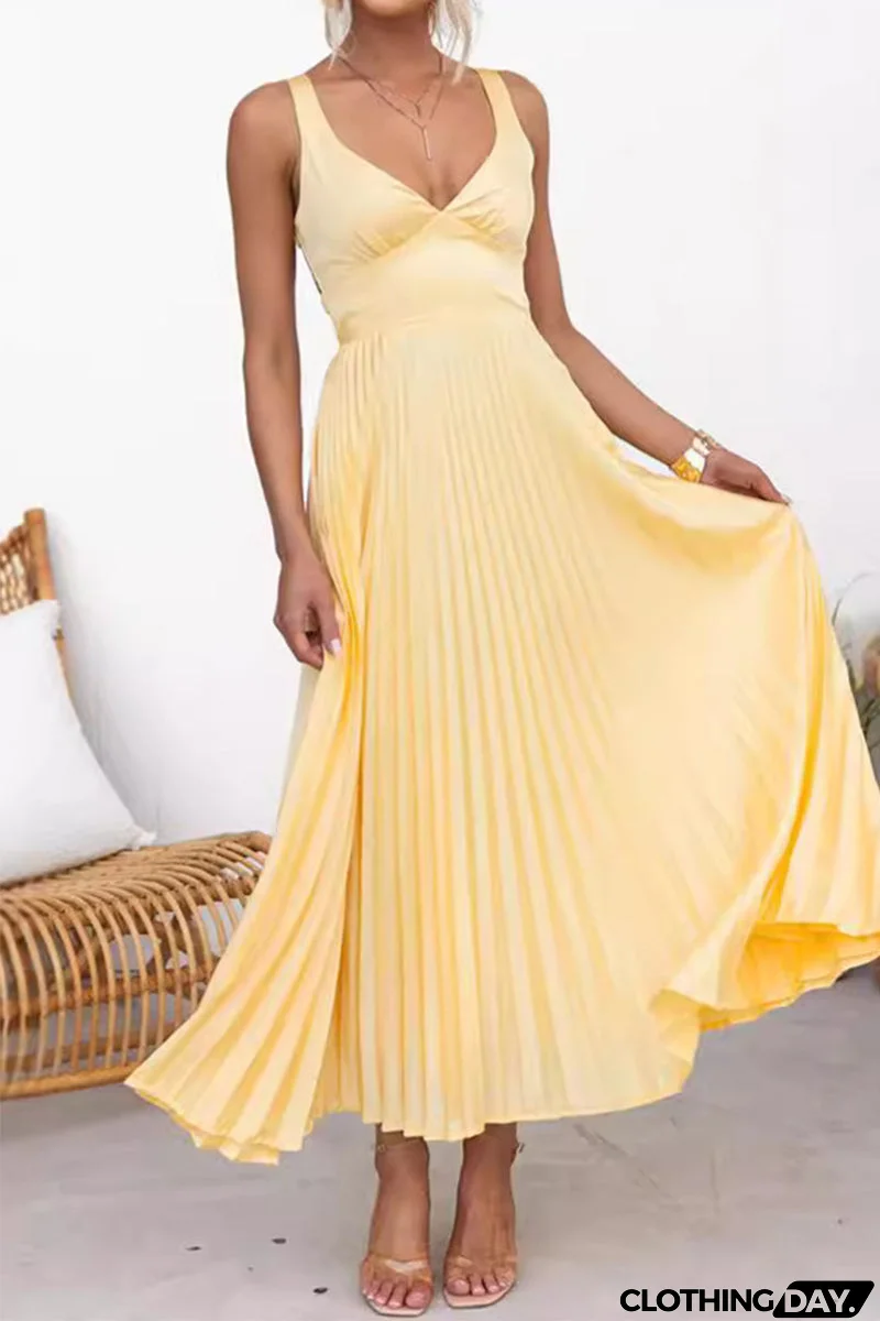 Sexy Solid Color Pleated V Neck Sleeveless Dresses