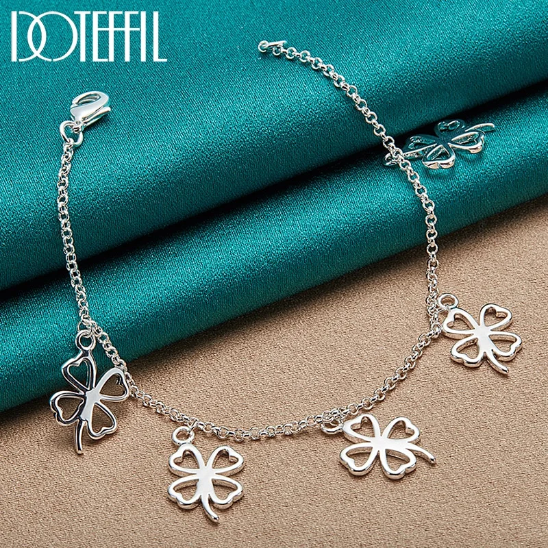 925 Sterling Silver Four Leaf Clover Pendant Chain Bracelet For Woman Jewelry
