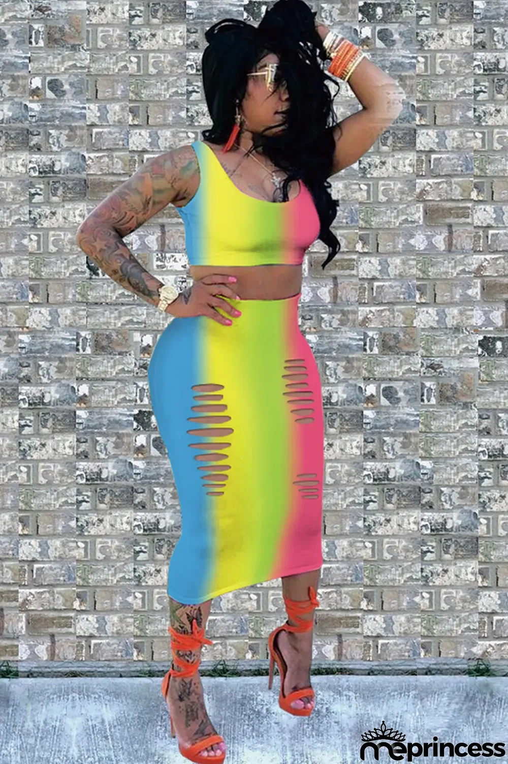 Ombre Sexy Fashion Tank Sleeveless O neck Step Skirt Mid-Calf hollow out Print Fluorescent hole backless