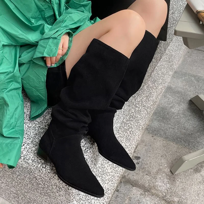 Size 34-42 Women Shoes Knee High Boots Low Heels Pleated Fashion Ins Style Daily Winter Outdoor Female Footwear