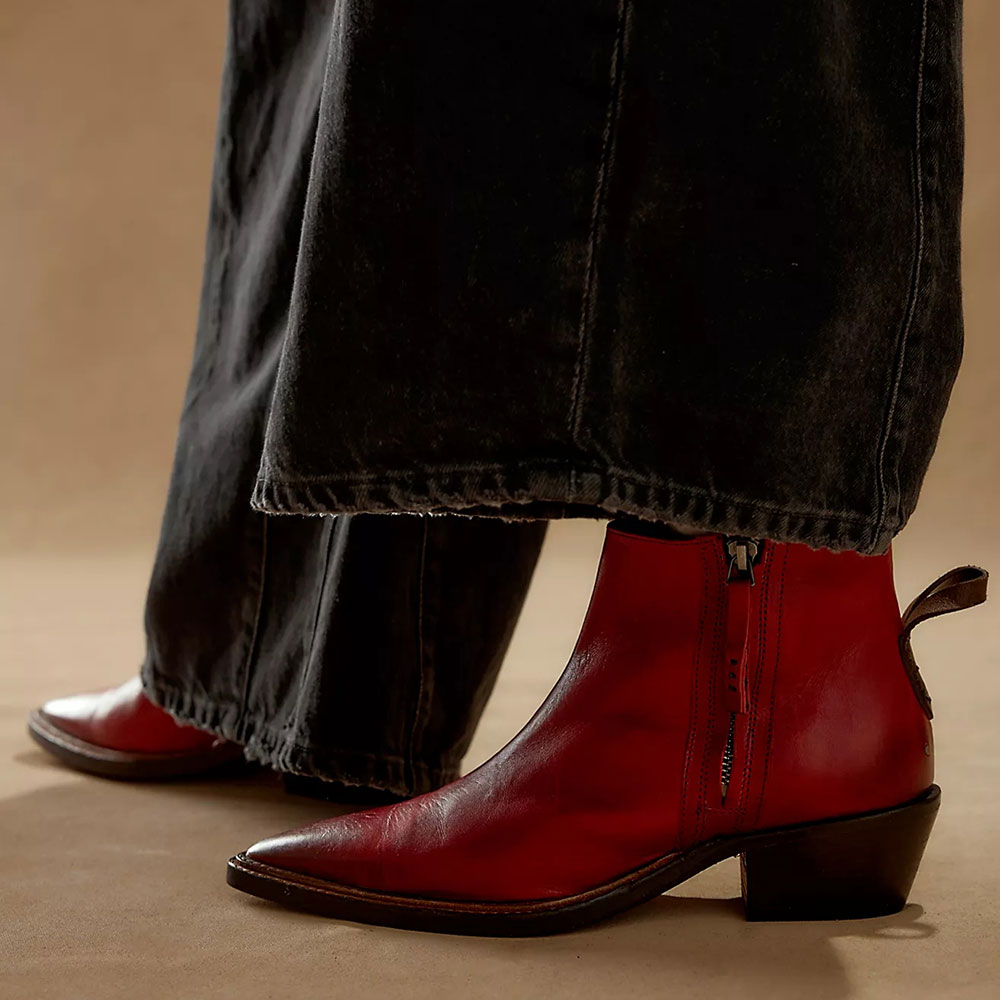 Pointed Toe Block Heel Western Red Ankle Boots with Side Zipper Nicepairs