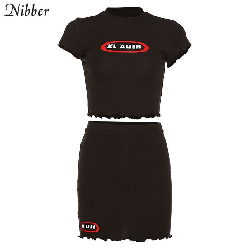 Nibber summer sports casual printing crop tops skirts  women 2two pieces sets 2020 streetwear Basic stretch Slim tee shirt suits