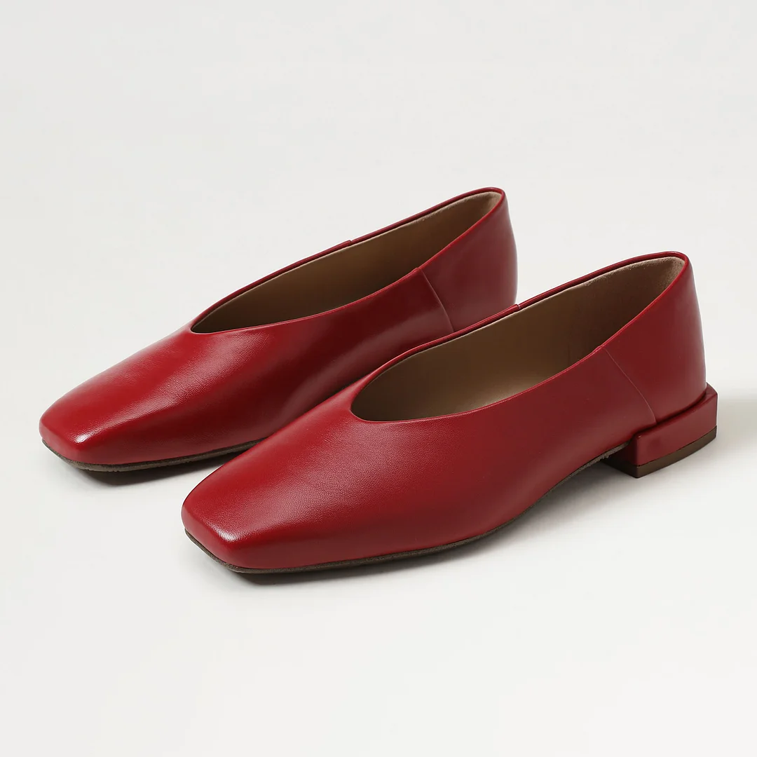 Red Vegan Leather Square Toe Slip-On Flat Shoes for Women