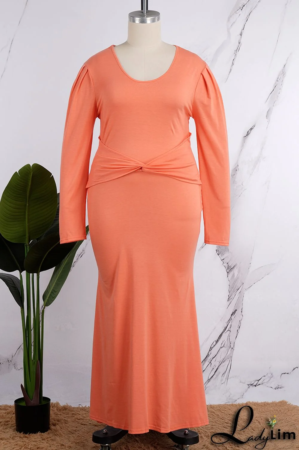 Orange Casual Solid Patchwork V Neck Long Sleeve Plus Size Dresses