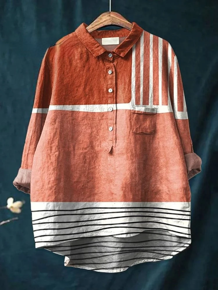 Women's  Abstract Geometric  Art  Print Casual Cotton And Linen Shirt