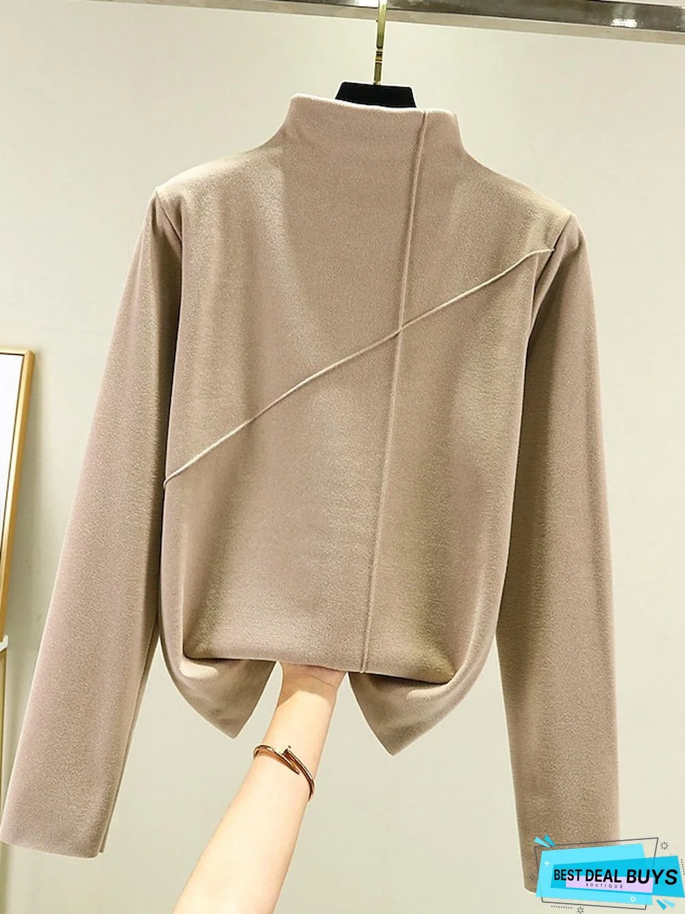 Women's T shirt Tee Light Pink dark brown A Plain Long Sleeve Daily Basic High Neck Regular Fleece lined XXL (recommended 140-160 catties)