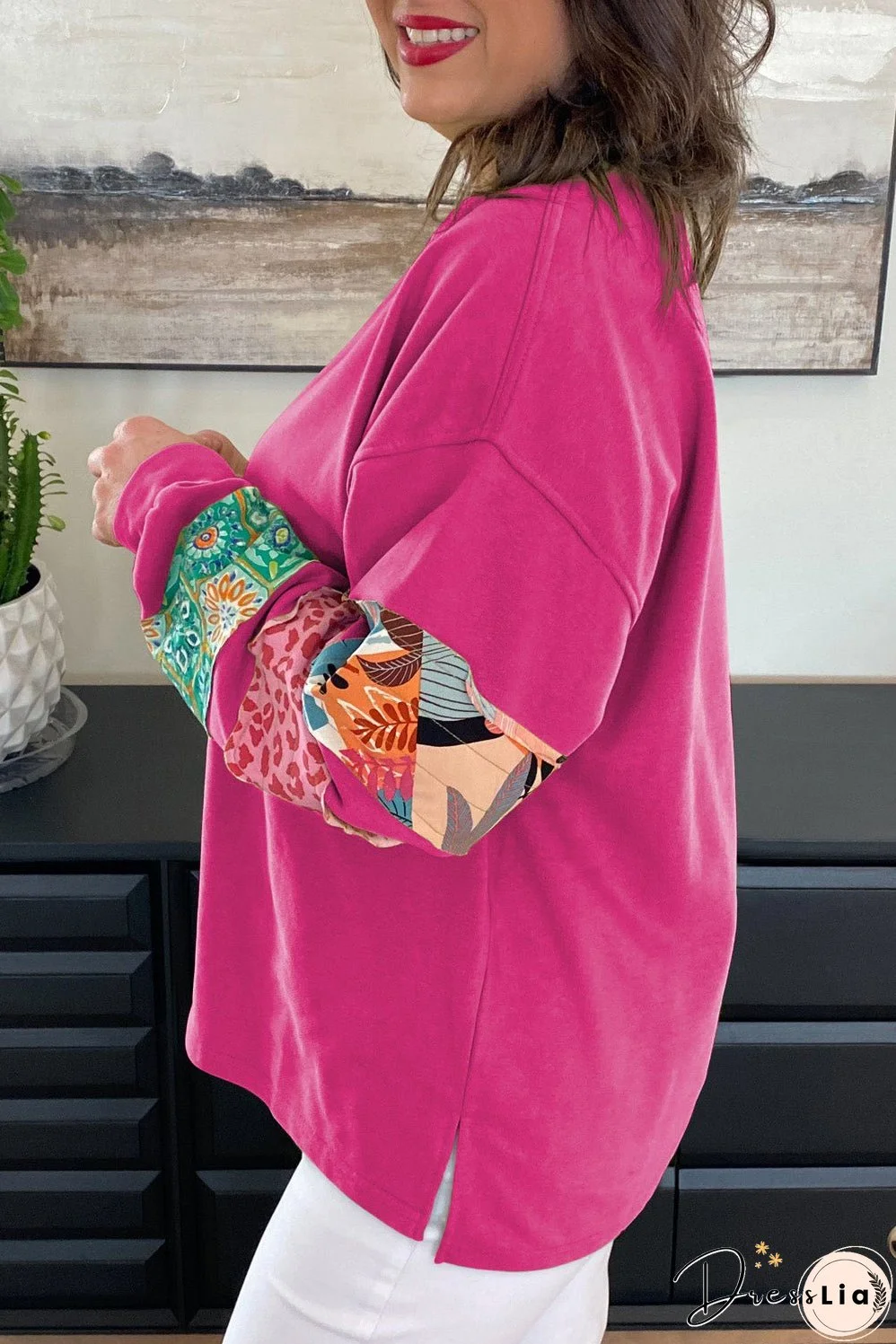 Rose Red Plus Size Printed Patchwork Sleeve Split Sweatshirt