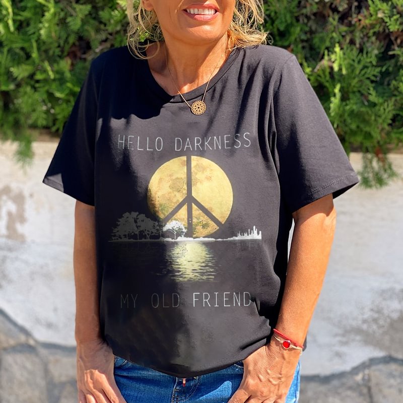 (Run Small)HELLO DARKNESS Women's peace logo casual Crew neck Tees