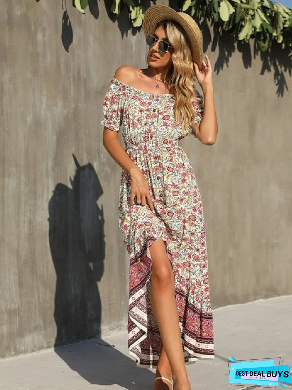 One-Collar Short-Sleeved Floral Dress