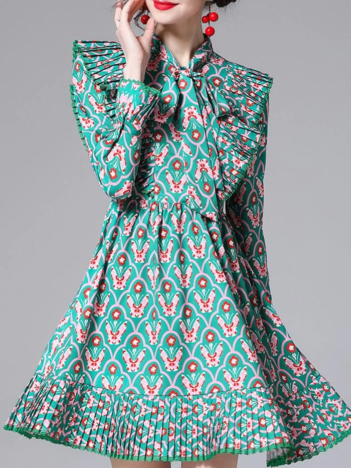 Elegant Pleated Floral Shirt Dress