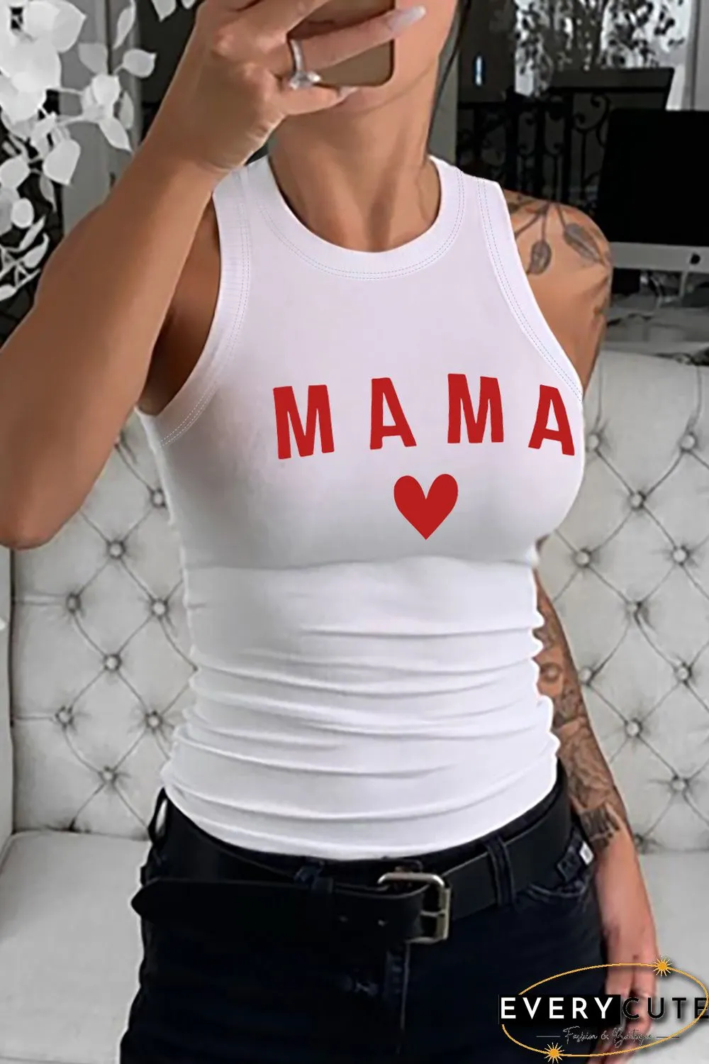 White MAMA Heart Graphic Rib Knit Tank Top