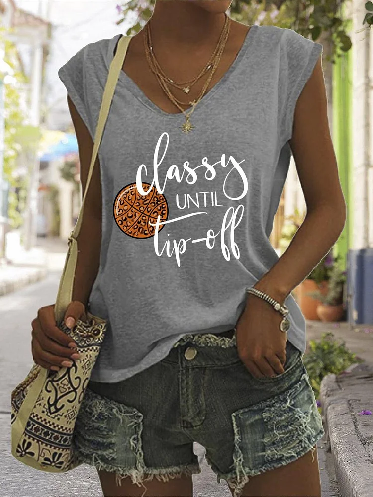 Classy until tipoff leopard basketball V Neck T-shirt Tees-Annaletters