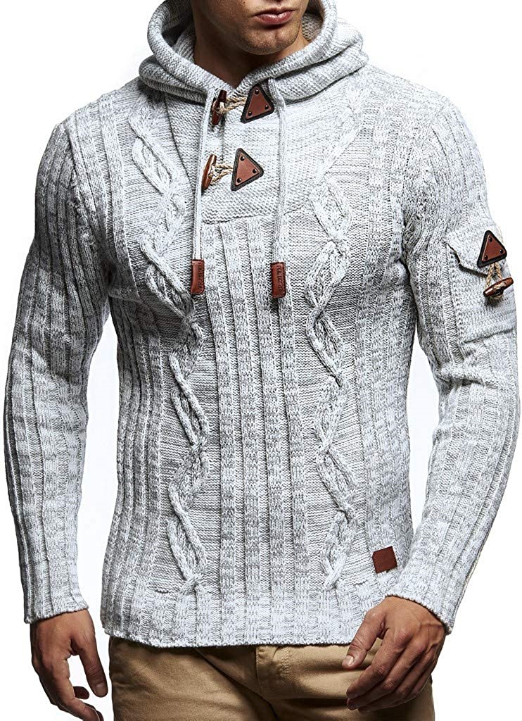 V-neck Casual Fashion Men's Knit Pullover Long Sleeve with Hood Shoulder Badge Ox Horn Button Slim Men's Sweater