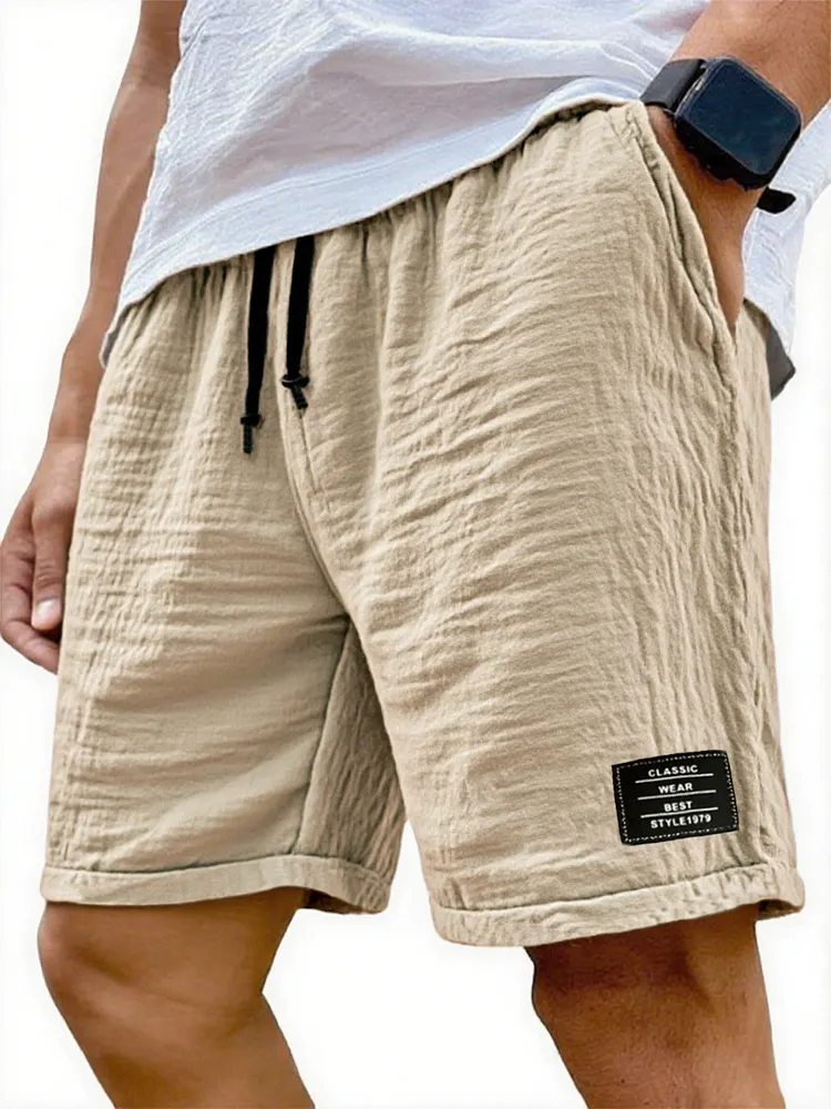 Men's Wrinkled Linen Breathable Resort Casual Embroidered Label Shorts-Customized products