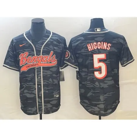 Men's Cincinnati Bengals #5 Tee Higgins Grey Camo With Patch Cool Base Stitched Baseball Jersey