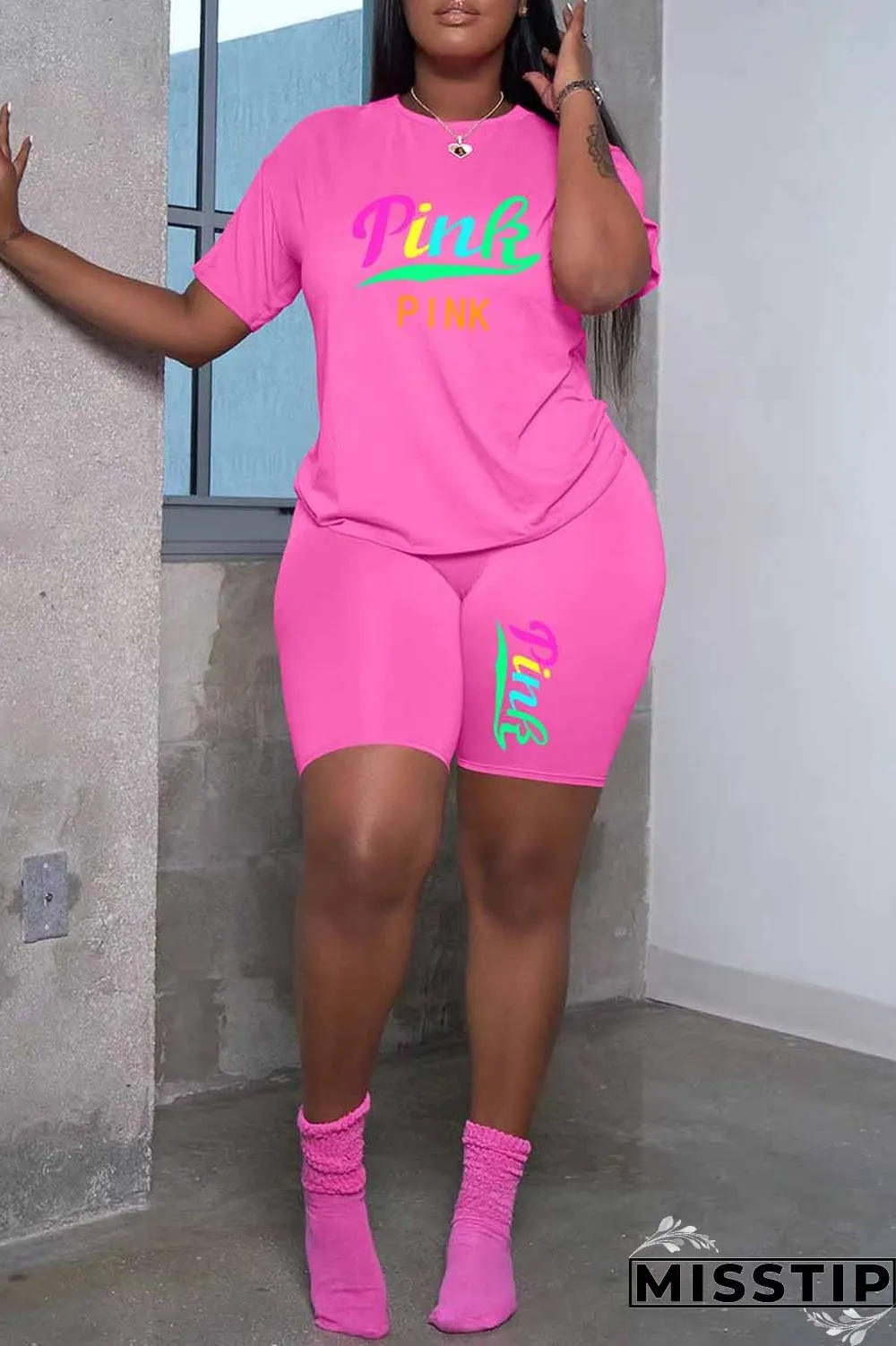 Grey Casual Print Letter O Neck Short Sleeve Two Pieces