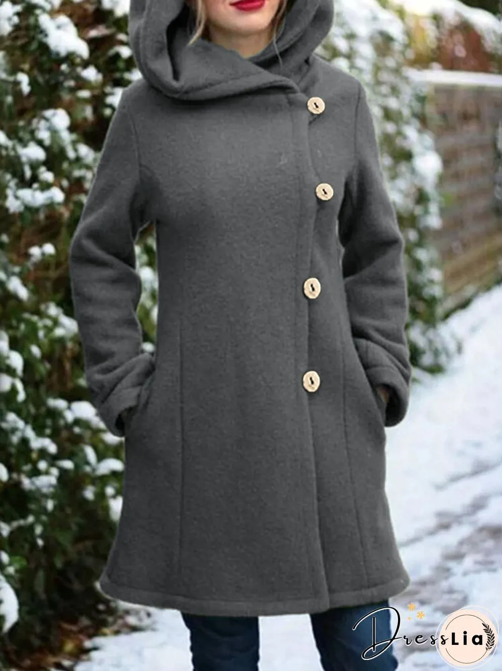 Solid Color Long Sleeves Hooded Warm Coat With Pocket For Women