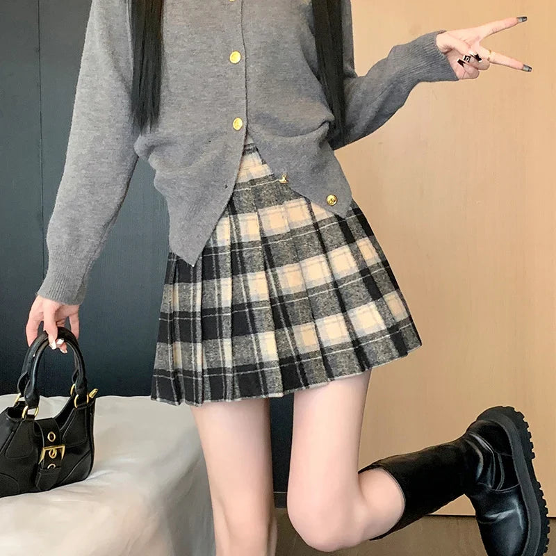 Aiertu Preppy Style Winter Plaid Vintage Pleated Mini Wool Skirt For Women High Waist Thicken Casual School Cute Short Skirt Female Aiertu