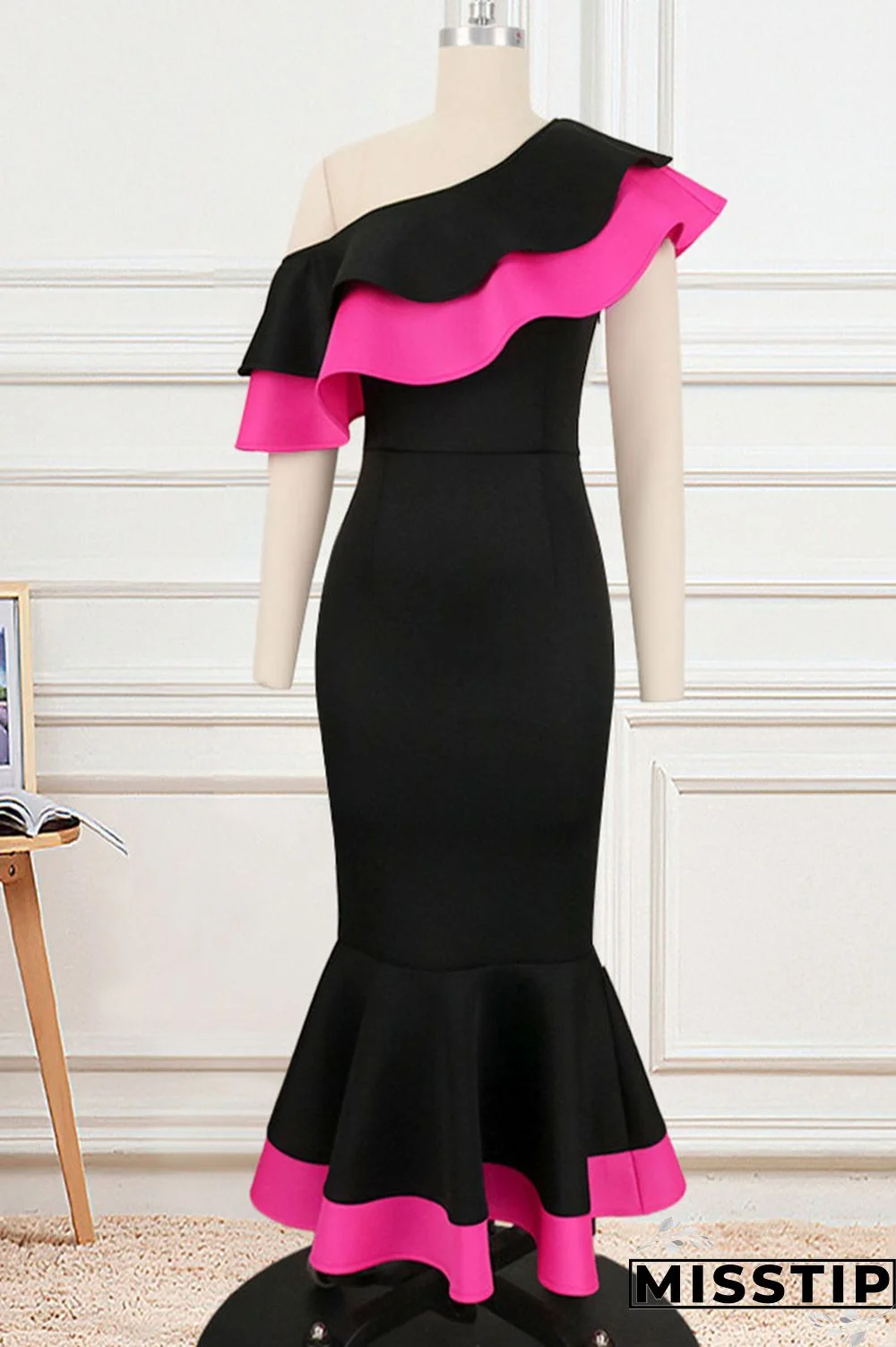 Rose Red Elegant Solid Patchwork Flounce Oblique Collar Trumpet Mermaid Dresses