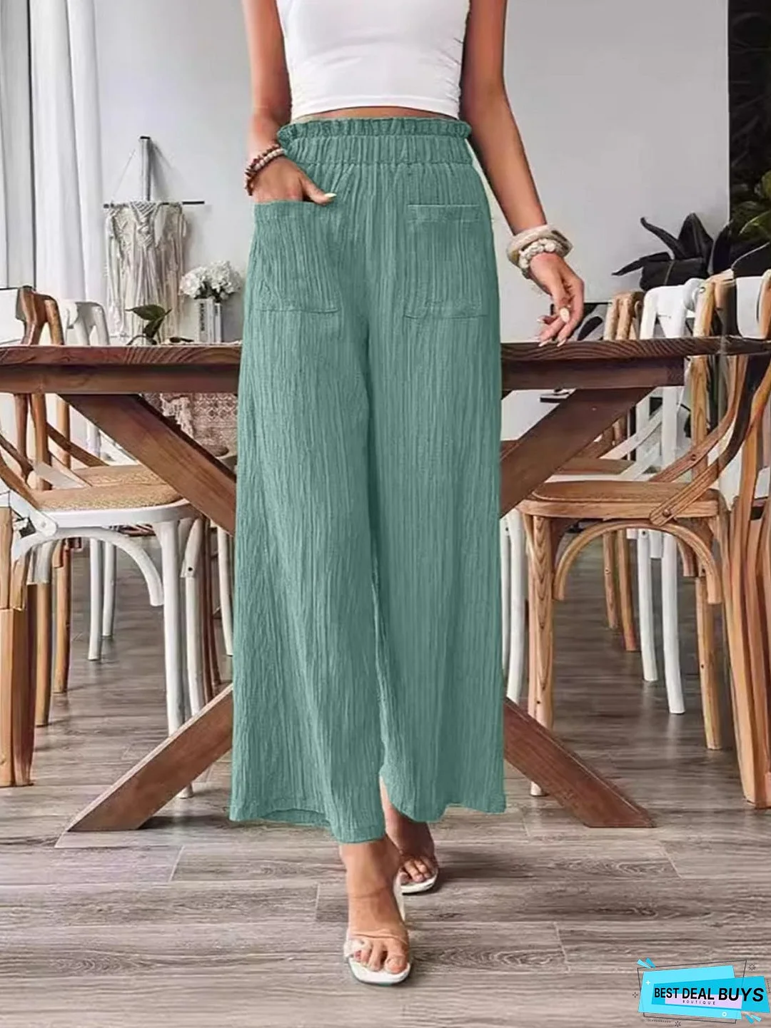 Pocketed Elastic Waist Wide Leg Pants