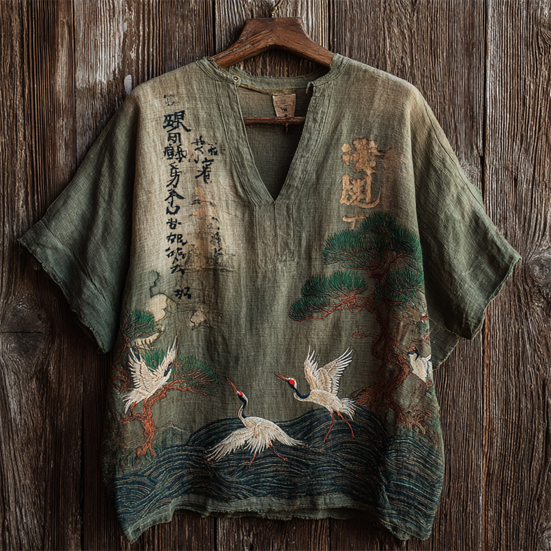 Japanese Calligraphy Cranes & Pine Trees Sea Waves Linen Shirt  artssus