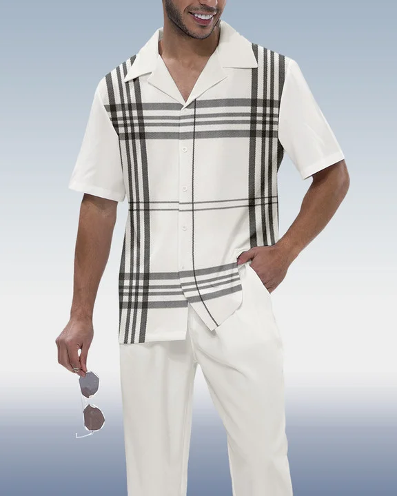 Suitmens Men's Check Print Short Sleeve Shirt Walking Set 349