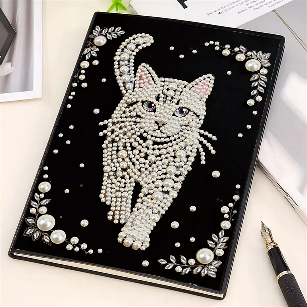 Cat Partial Pearl DIY 50 Pages A5 Diamond Painting Notebook Special Shaped Diamond Art Diary Book Kits Wireless Strip 5D Crystal Art Paintings Sketchbook for Art Drawing