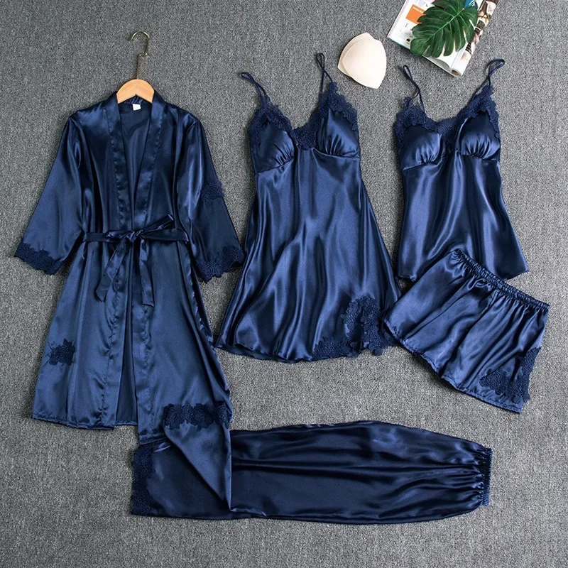 Akayes 5 Pcs/Set Spring Sleepwear Ice Silk Robe Sleep Pajama Set Women's Ventilate Satin Pajamas Gown V-Neck Casual Wear Home Nightwear