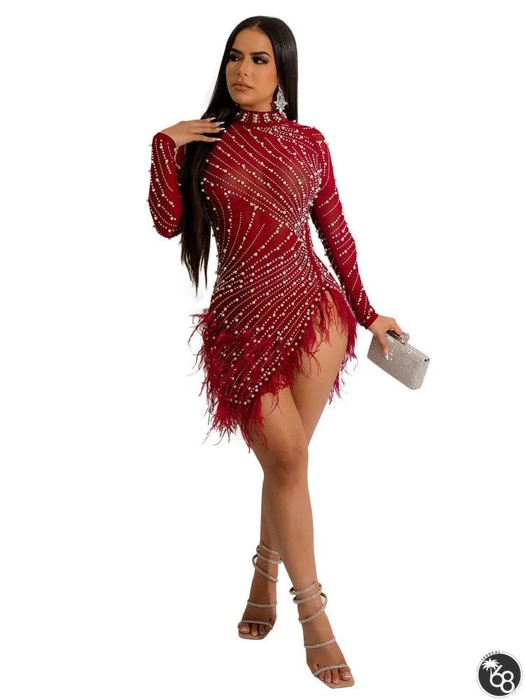 Long Sleeve Rhinestone Feather Mini Dresses | 168DEAL