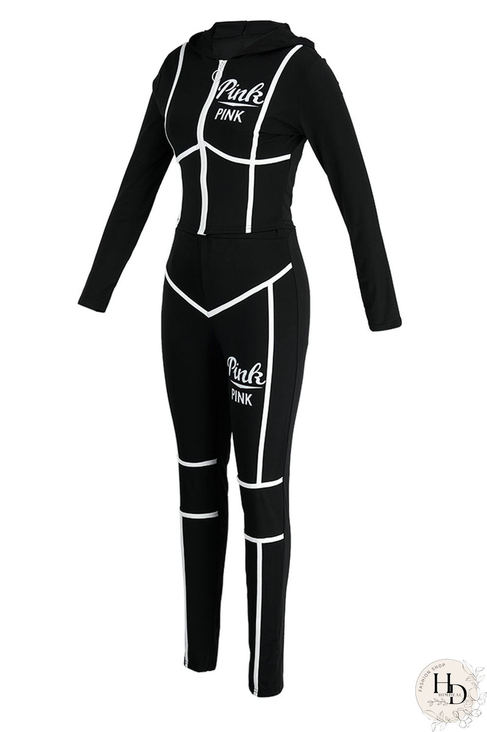 Black Casual Print Patchwork Hooded Collar Long Sleeve Two Pieces