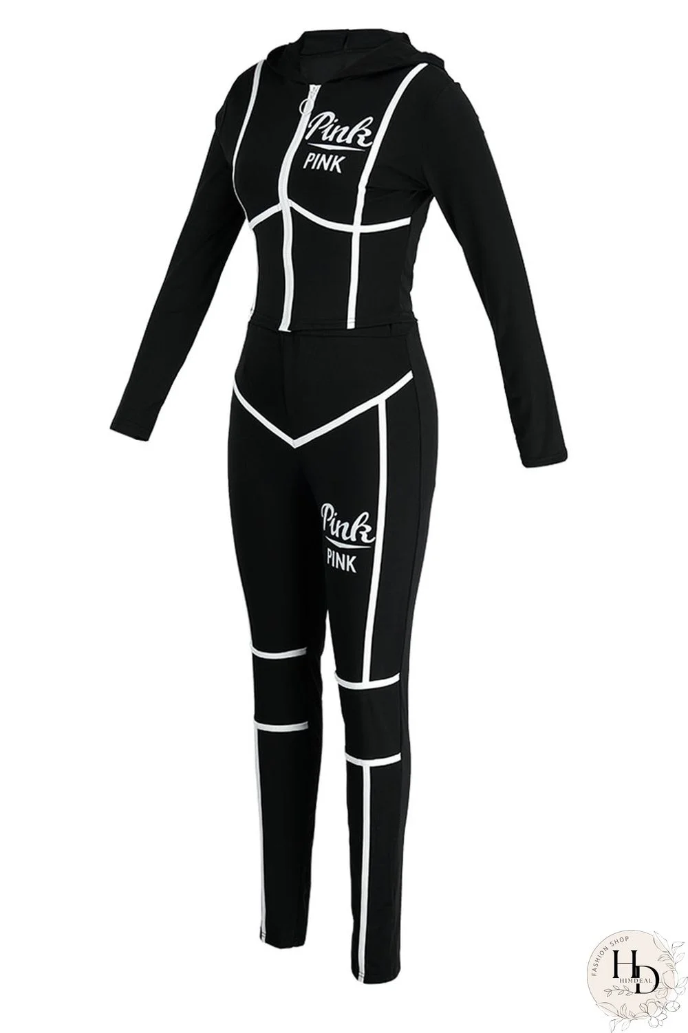 Black Casual Print Patchwork Hooded Collar Long Sleeve Two Pieces