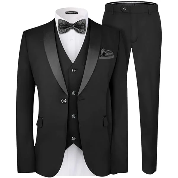 MAGE MALE Mens 3-Piece Suit Shawl Lapel One Button Tuxedo Winter Fabric Slim Fit Premium Dinner Jacket Vest Pants & Tie Set